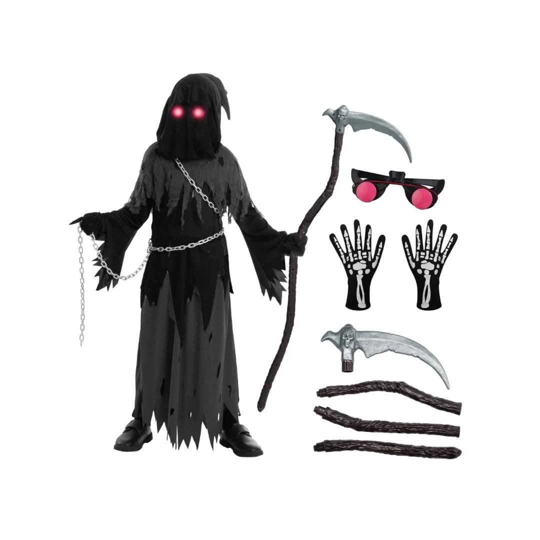 Grim Reaper Halloween Costume Kids Hooded Robe with Glowing Eyes and Toy Scythe