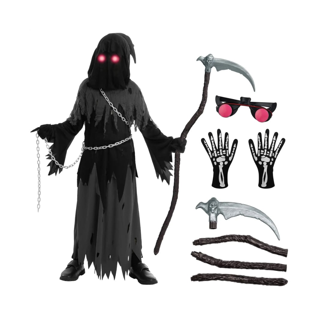 Grim Reaper Halloween Costume Kids Hooded Robe with Glowing Eyes and Toy Scythe