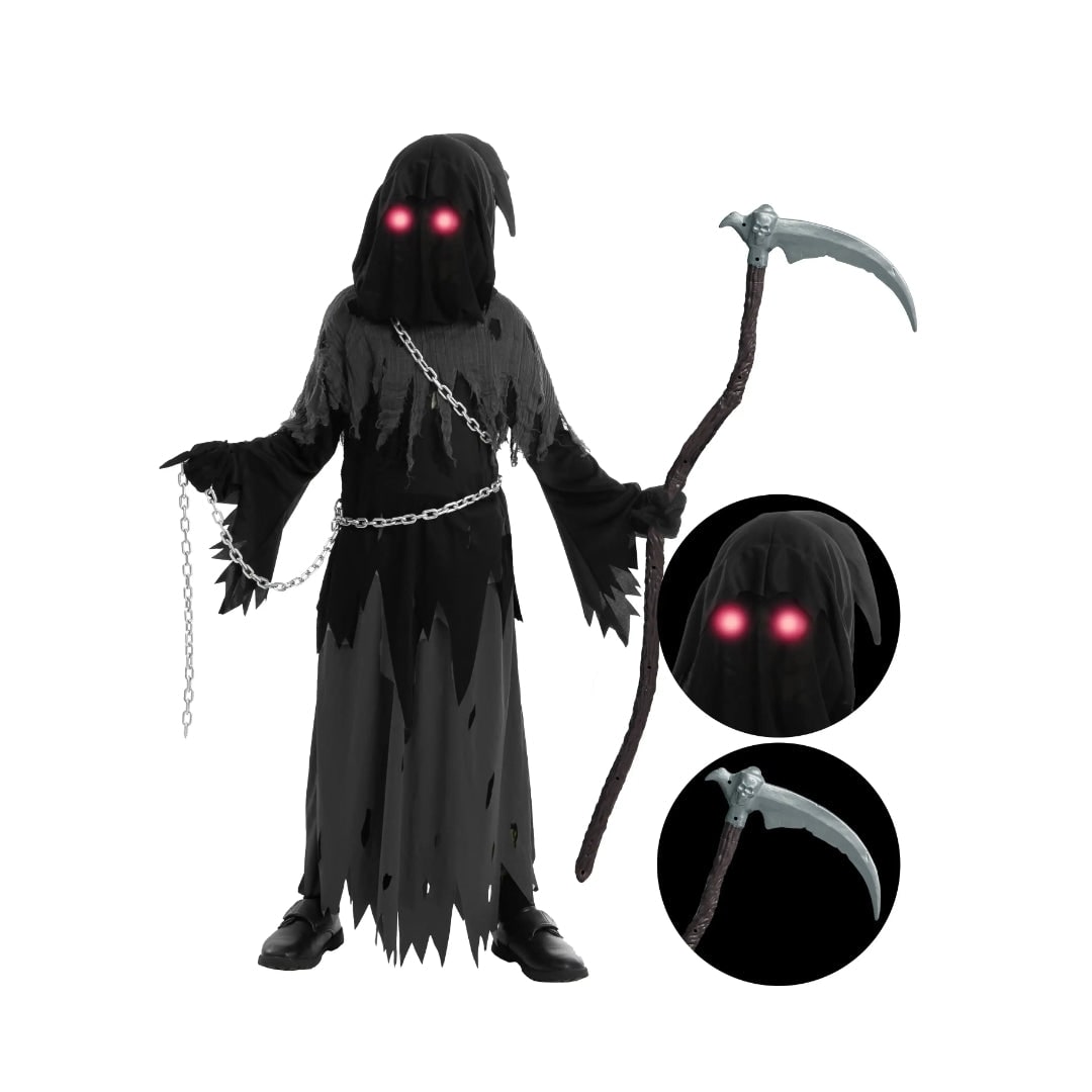 Grim Reaper Halloween Costume Kids Hooded Robe with Glowing Eyes and Toy Scythe