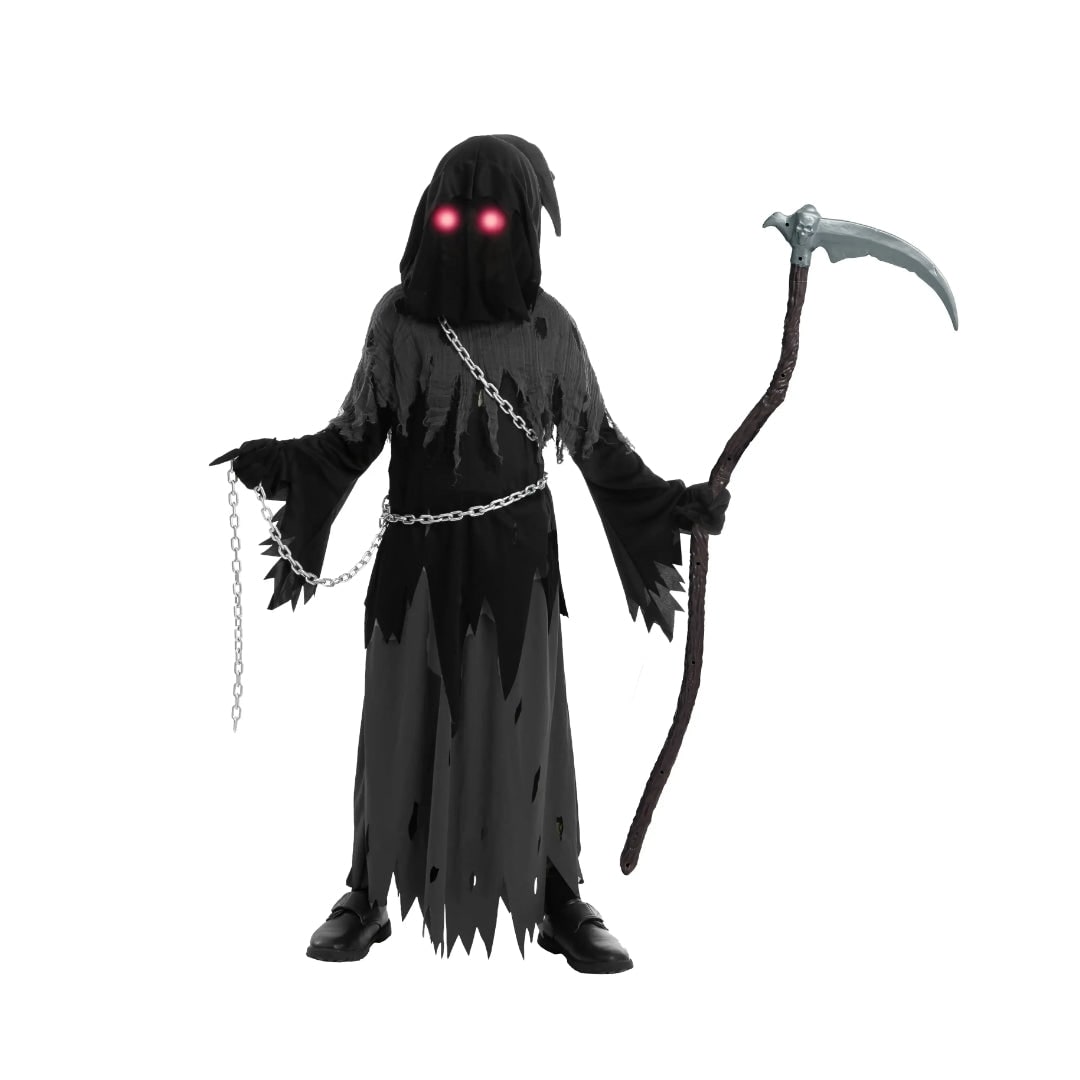 Grim Reaper Halloween Costume Kids Hooded Robe with Glowing Eyes and Toy Scythe