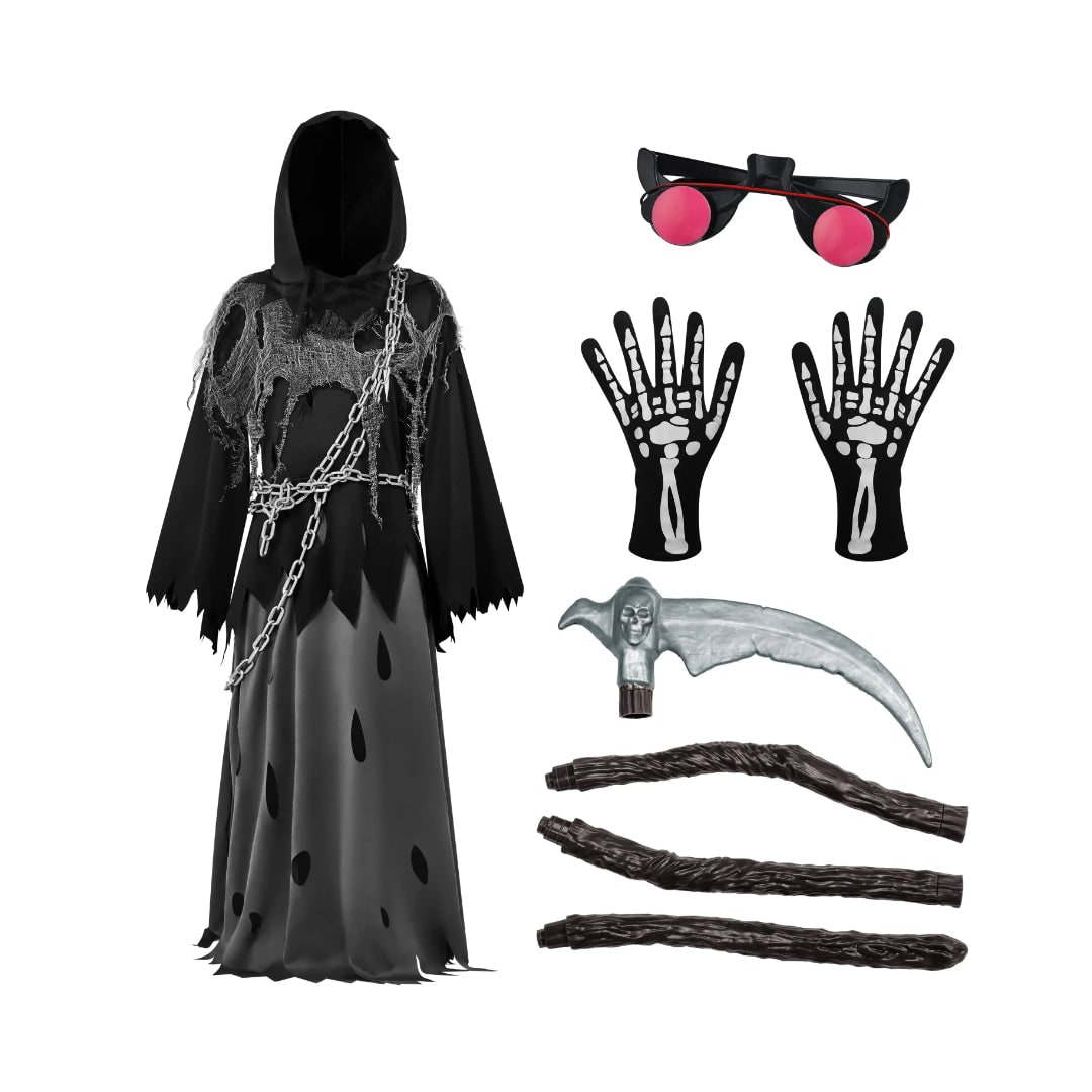 Grim Reaper Halloween Costume Kids Hooded Robe with Glowing Eyes and Toy Scythe