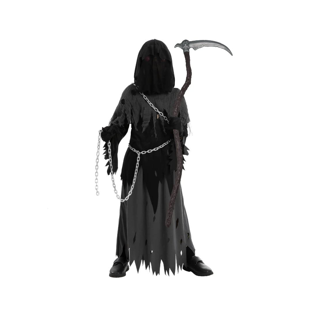 Grim Reaper Halloween Costume Kids Hooded Robe with Glowing Eyes and Toy Scythe
