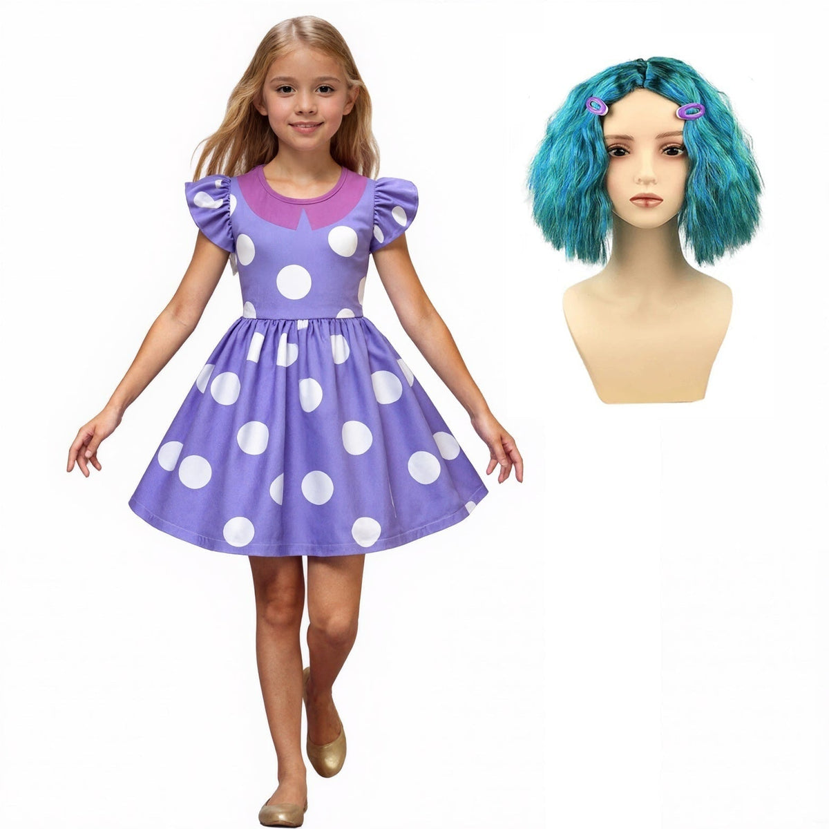 Kids Halloween Costume Dress with Polka Dot Print and Ruffled Cap Sleeves