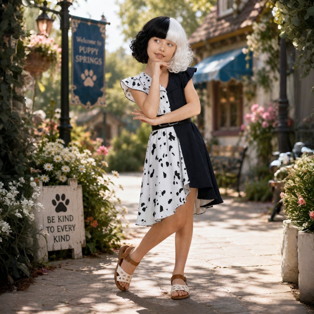 Spotted Dalmatian Costume Dress with Ruffled Cap Sleeves and High Low Hem