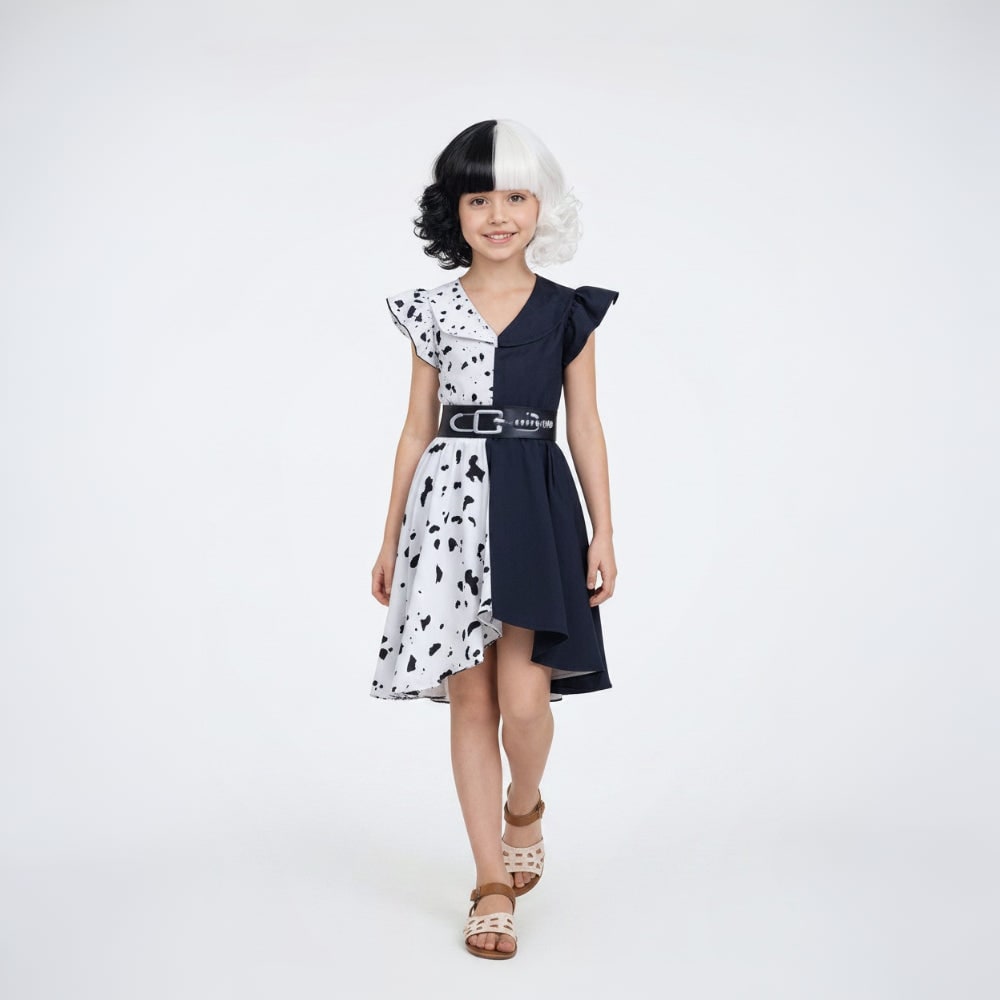Spotted Dalmatian Costume Dress with Ruffled Cap Sleeves and High Low Hem