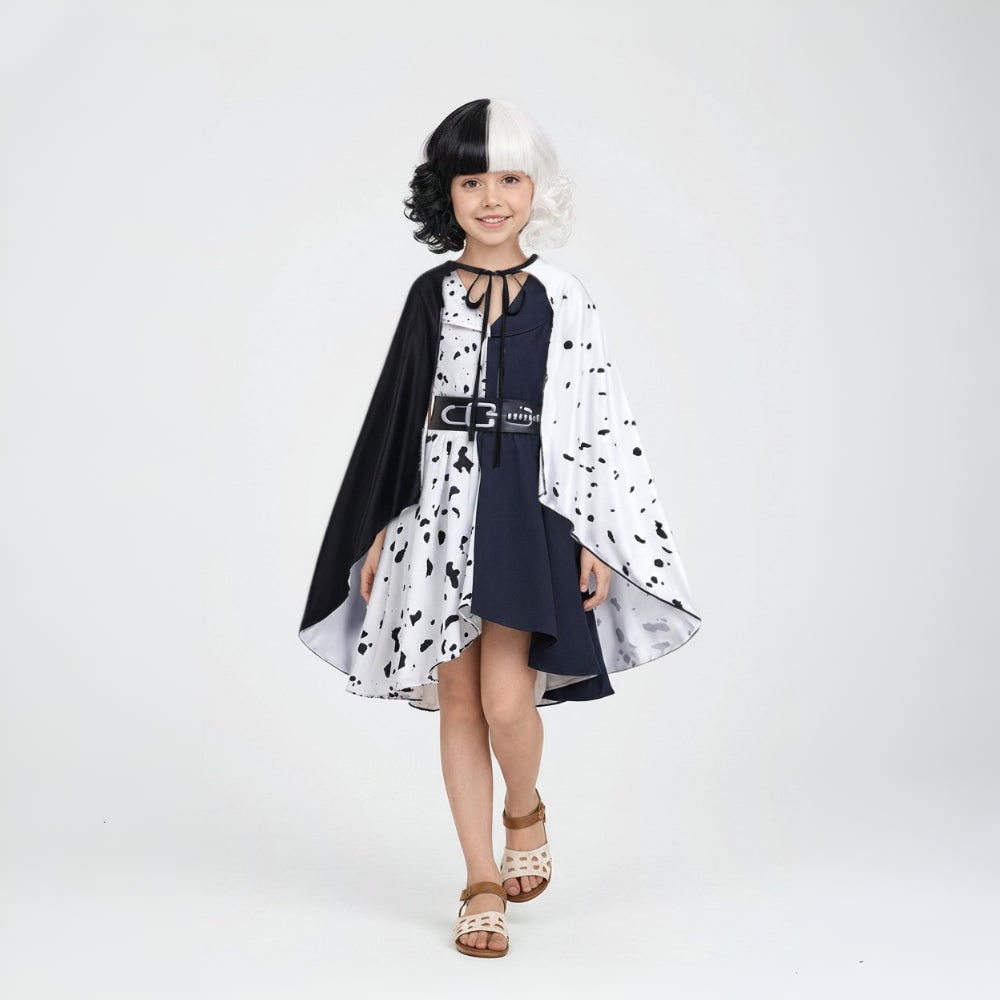 Spotted Dalmatian Costume Dress with Ruffled Cap Sleeves and High Low Hem
