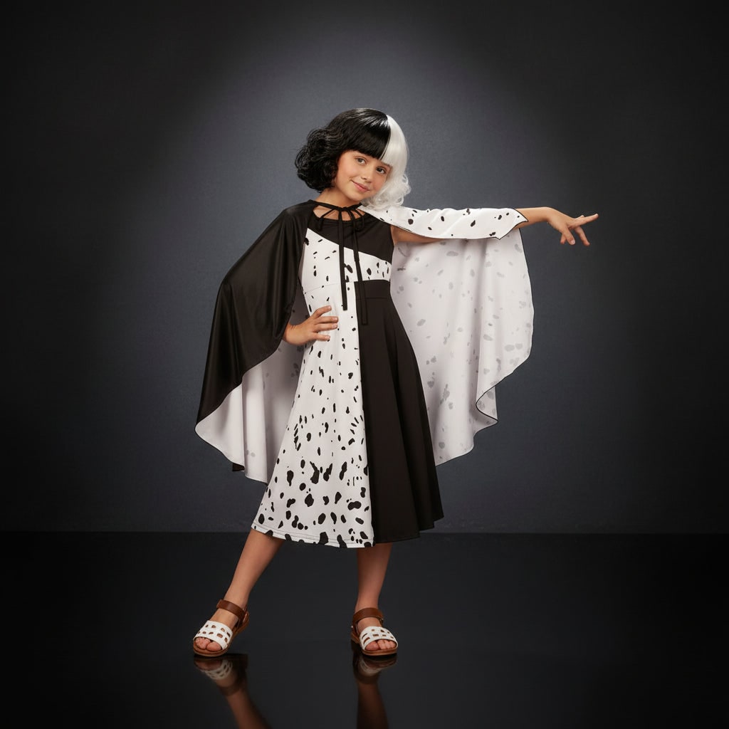 Kids Halloween Costume with Dalmatian Spot Split Dress Tie-Neck Cape Wavy Wig and Mask