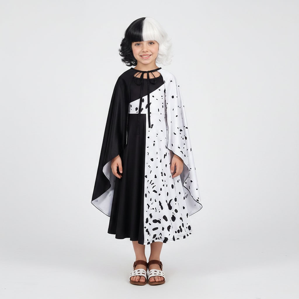 Kids Halloween Costume with Dalmatian Spot Split Dress Tie-Neck Cape Wavy Wig and Mask