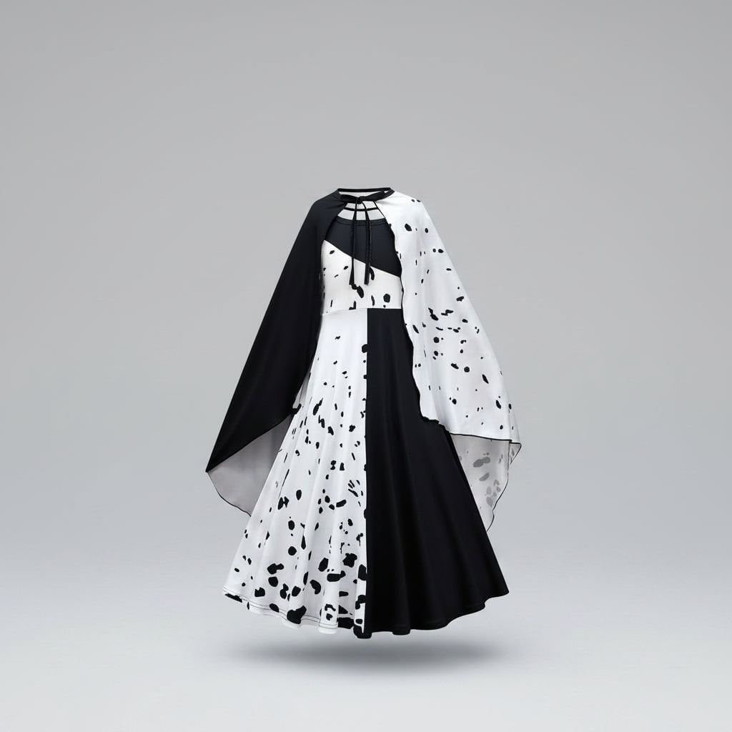 Kids Halloween Costume with Dalmatian Spot Split Dress Tie-Neck Cape Wavy Wig and Mask