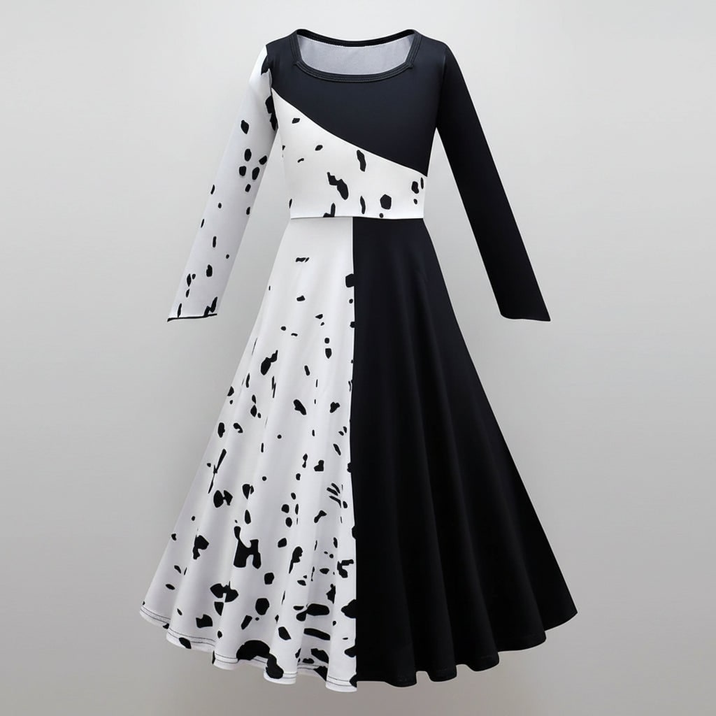 Kids Halloween Costume with Dalmatian Spot Split Dress Tie-Neck Cape Wavy Wig and Mask