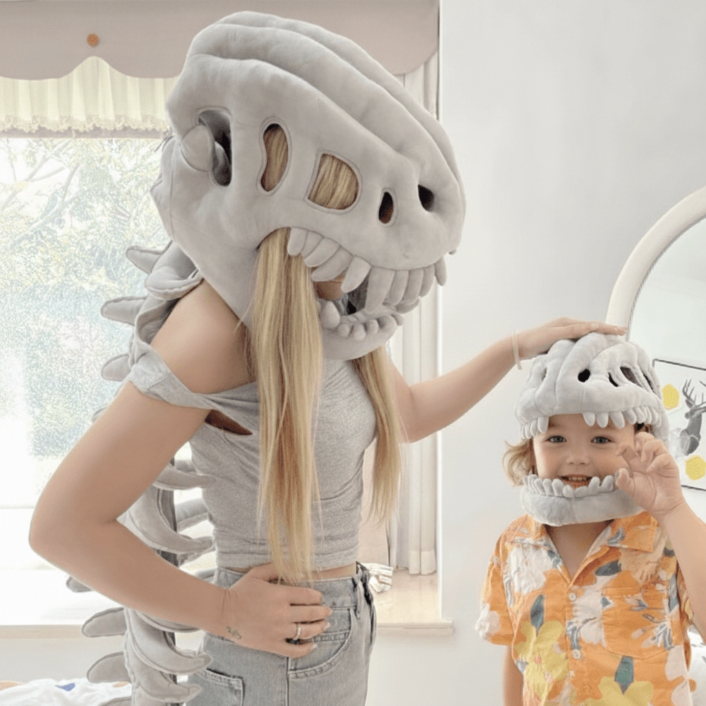 Dinosaur Skull Skeleton Costume Hood with Plush Spine Tail and Bone Details