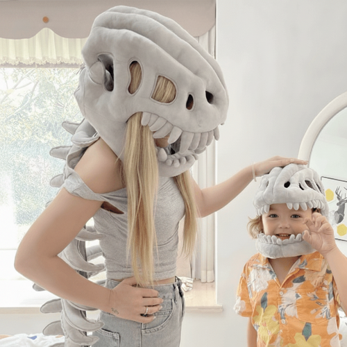 Dinosaur Skull Skeleton Costume Hood with Plush Spine Tail and Bone Details