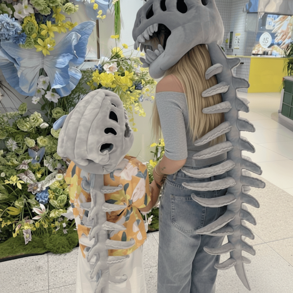 Dinosaur Skull Skeleton Costume Hood with Plush Spine Tail and Bone Details