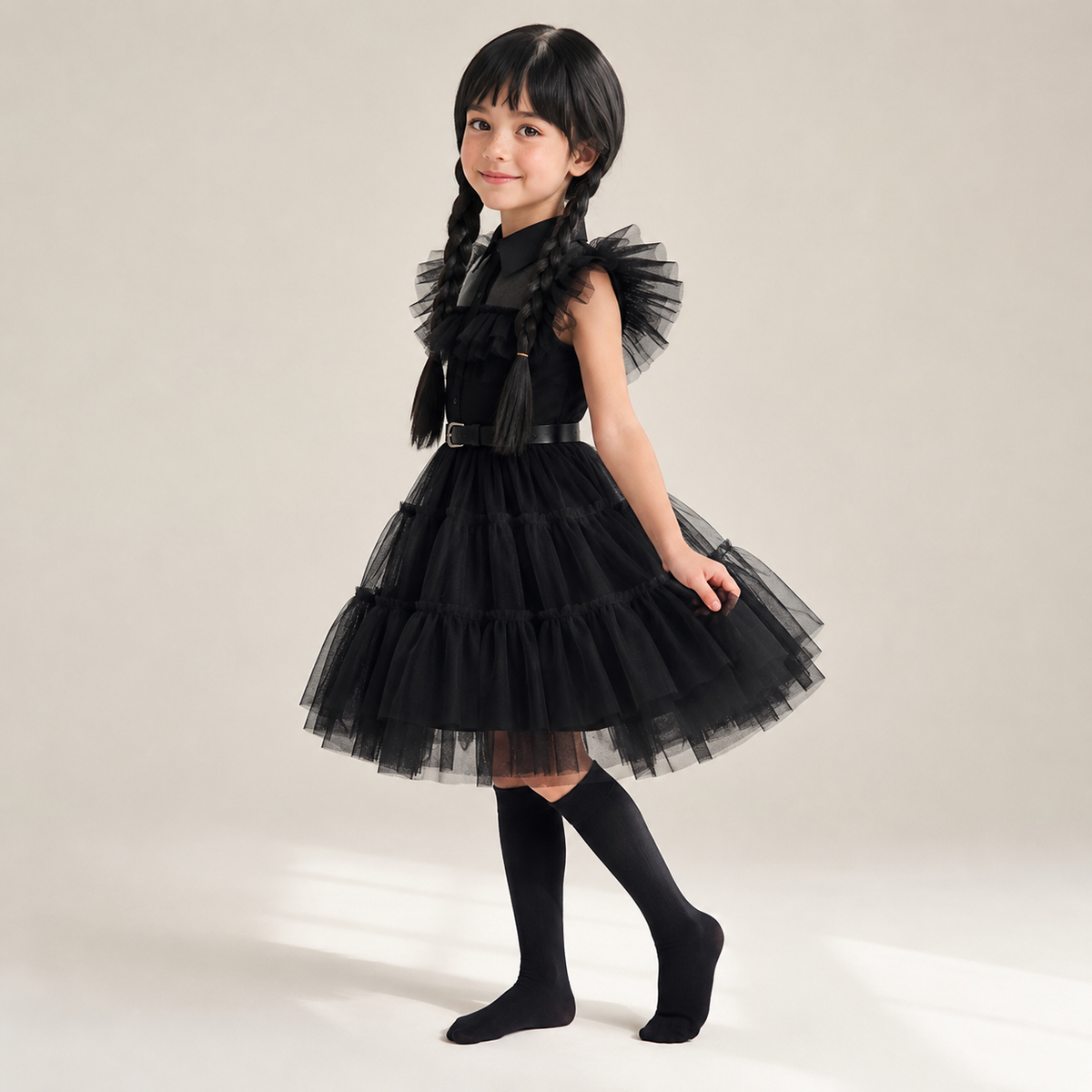Gothic Halloween Costumes Kids Dress with Tiered Tulle Skirt and Lace Mask Set