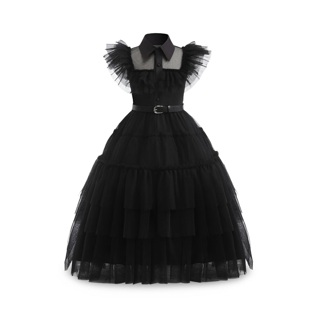 Gothic Halloween Costumes Kids Dress with Tiered Tulle Skirt and Lace Mask Set