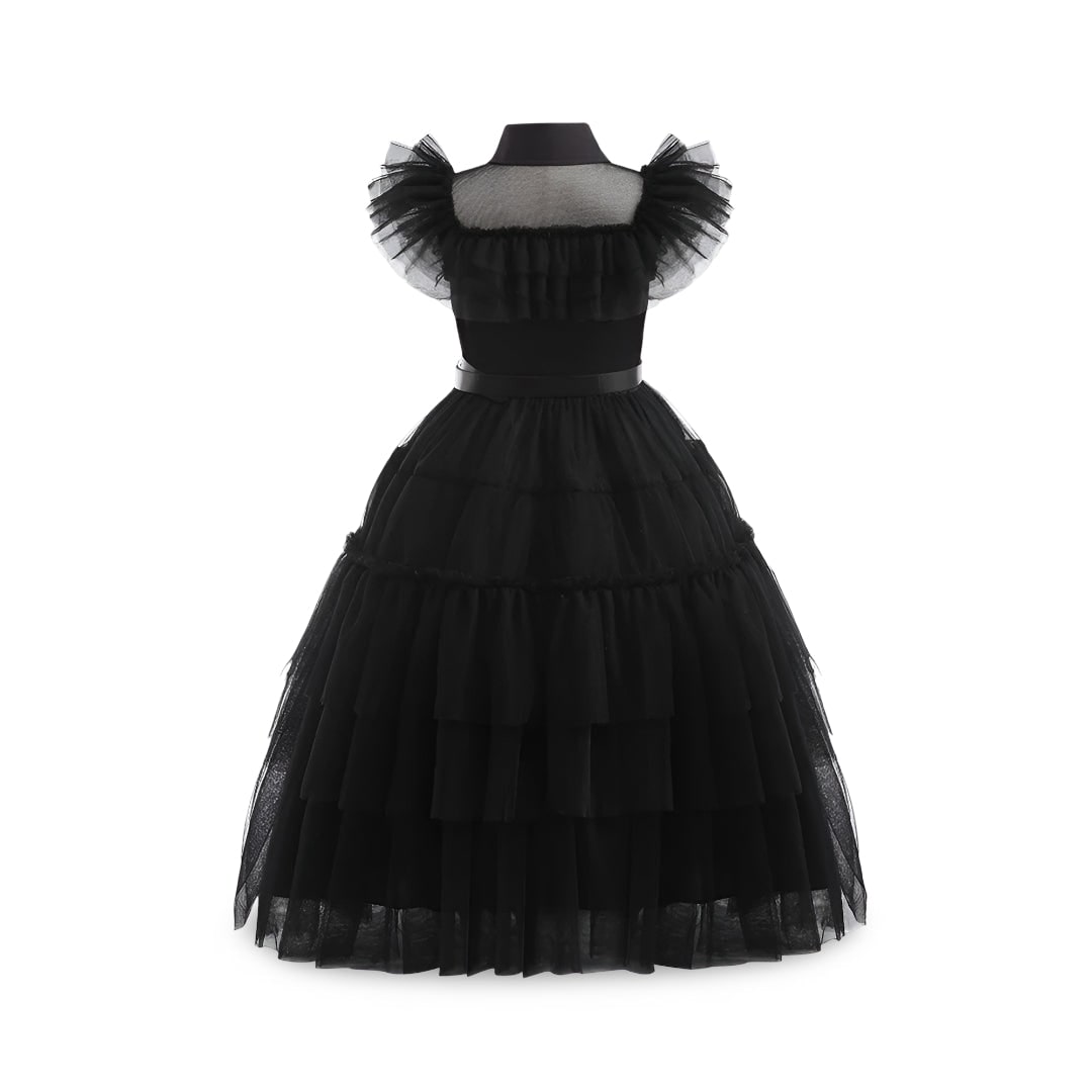 Gothic Halloween Costumes Kids Dress with Tiered Tulle Skirt and Lace Mask Set