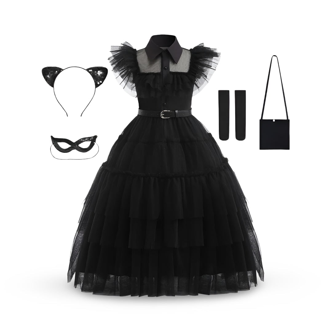 Gothic Halloween Costumes Kids Dress with Tiered Tulle Skirt and Lace Mask Set