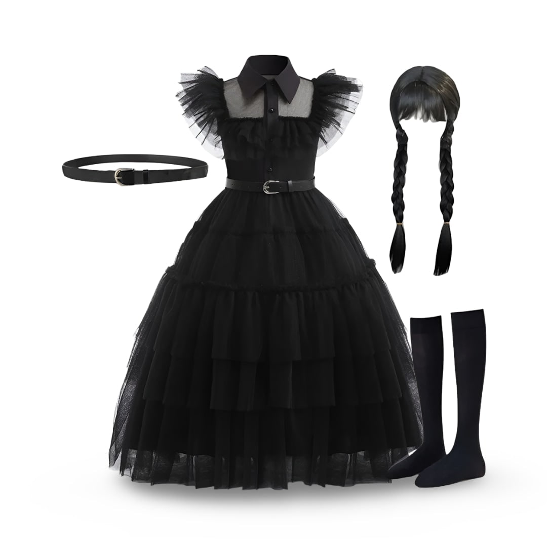 Gothic Halloween Costumes Kids Dress with Tiered Tulle Skirt and Lace Mask Set