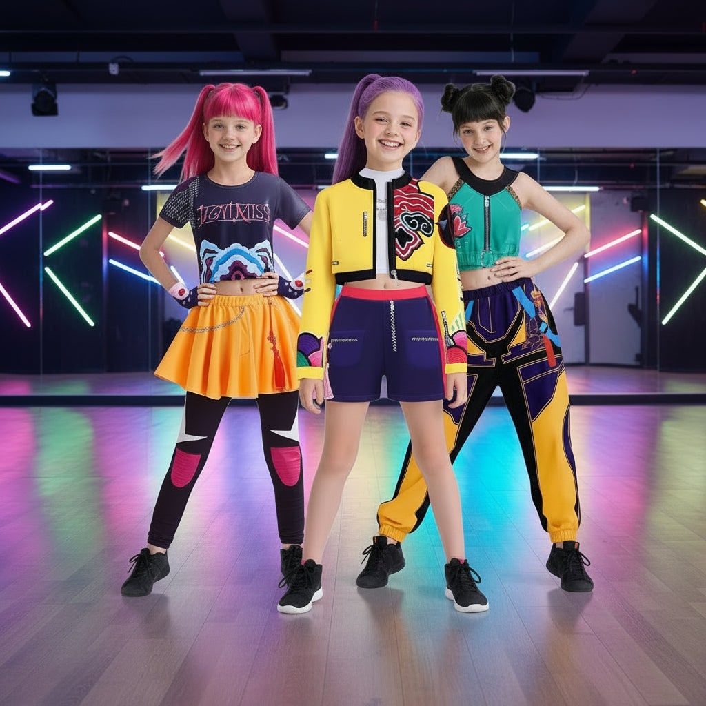 Kids Halloween Costumes for Girls Hip Hop Dance Set with Cropped Bomber Jacket and Skirt