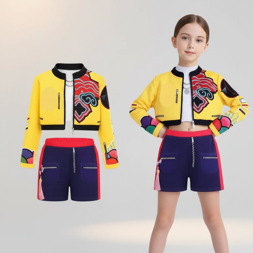 Kids Halloween Costumes for Girls Hip Hop Dance Set with Cropped Bomber Jacket and Skirt
