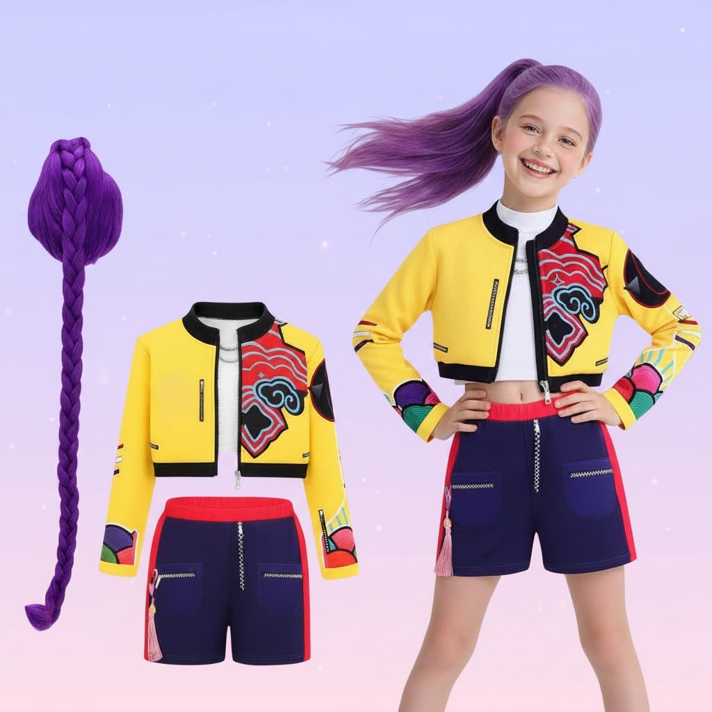 Kids Halloween Costumes for Girls Hip Hop Dance Set with Cropped Bomber Jacket and Skirt