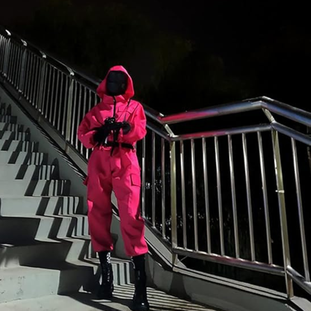 Halloween Costume and Mask Pink Hooded Jumpsuit with Belt and Cargo Pockets