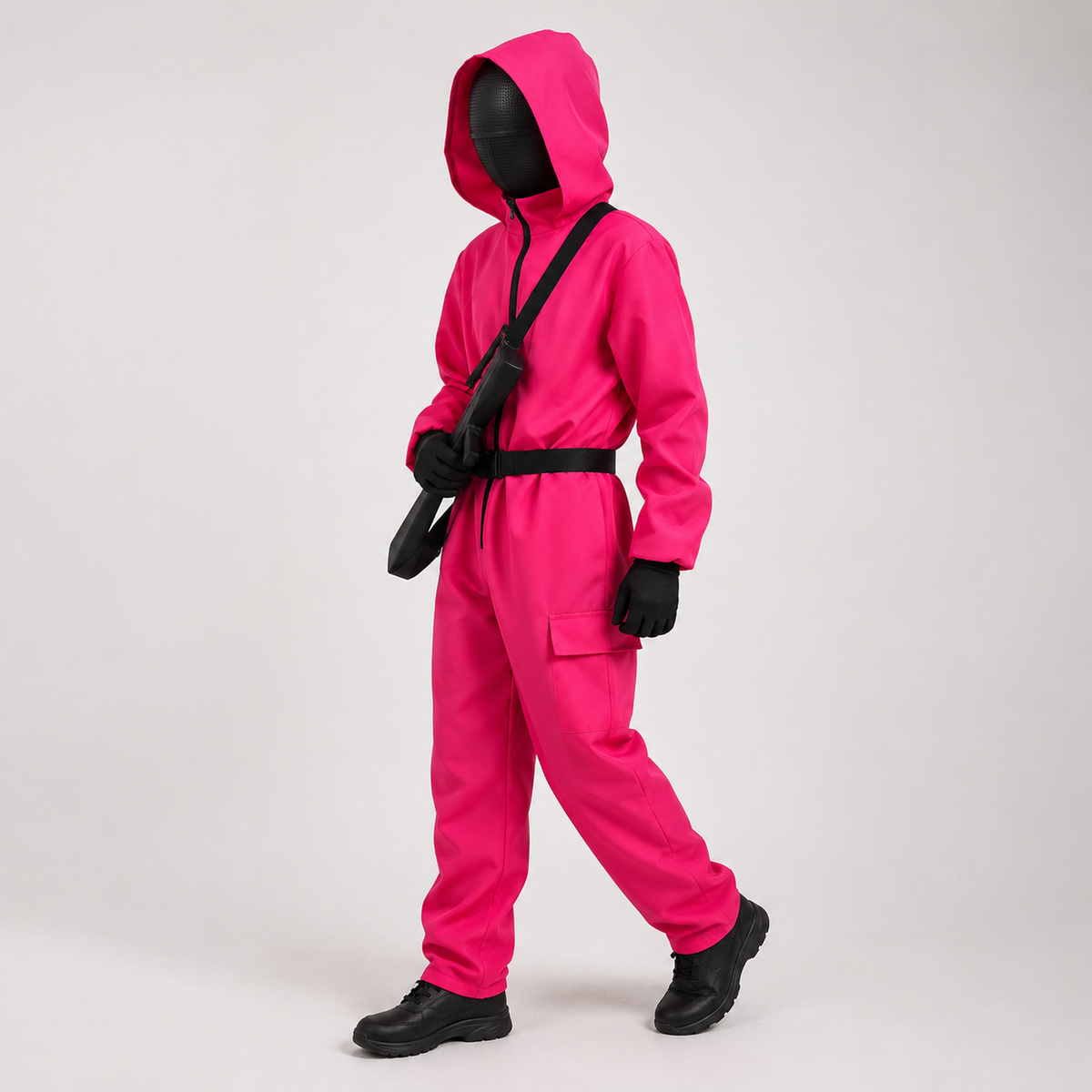 Halloween Costume and Mask Pink Hooded Jumpsuit with Belt and Cargo Pockets