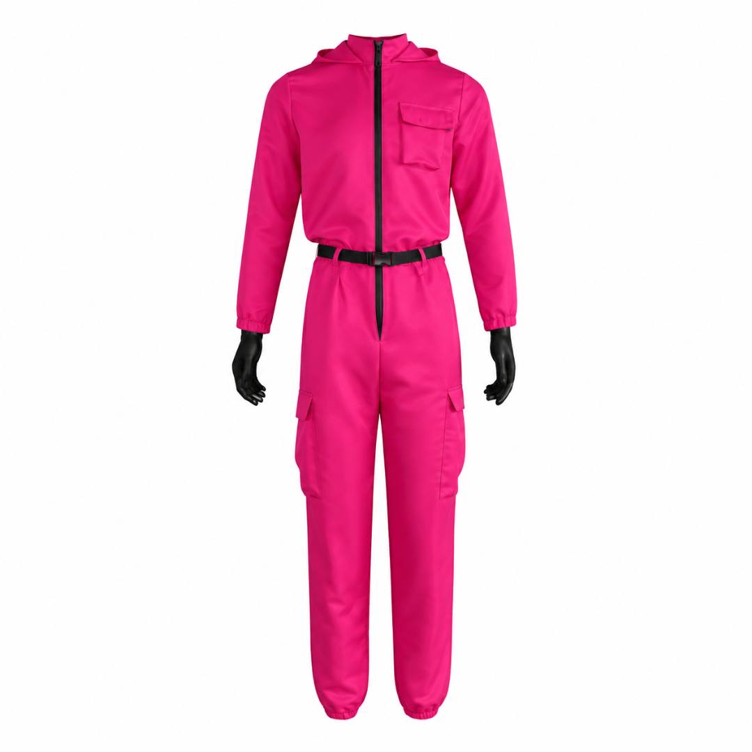 Halloween Costume and Mask Pink Hooded Jumpsuit with Belt and Cargo Pockets