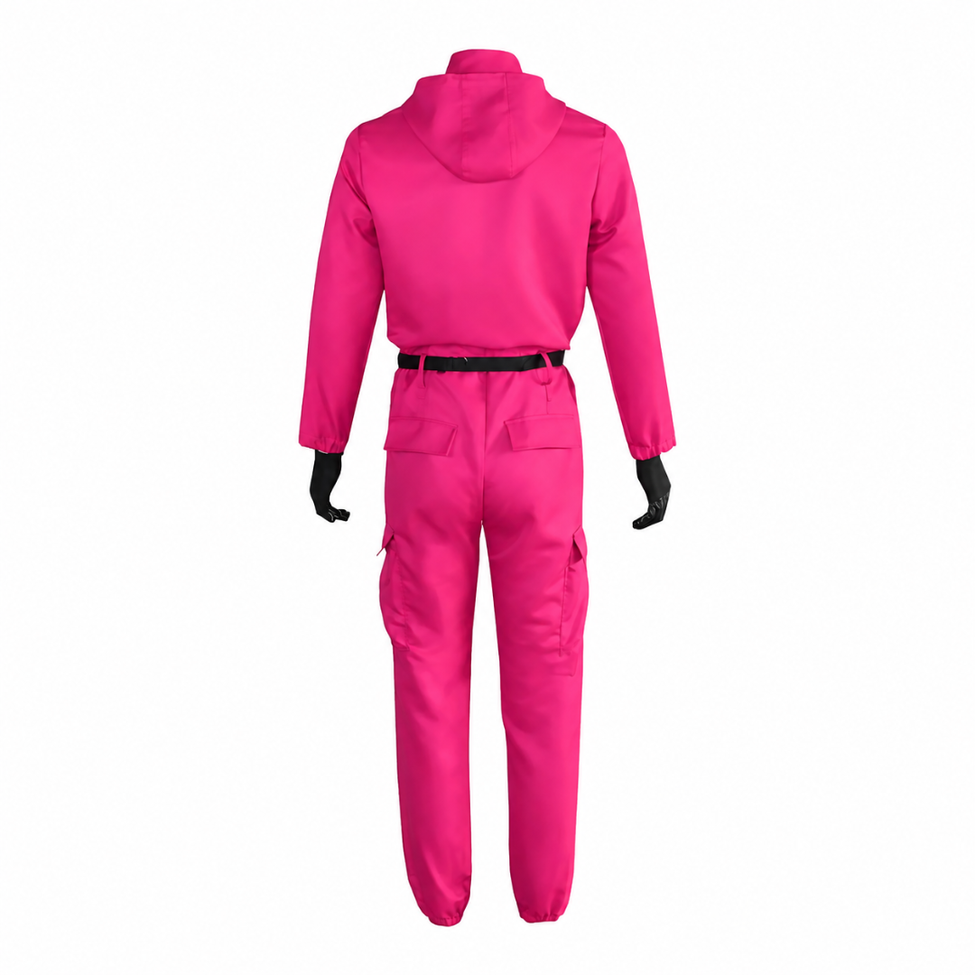 Halloween Costume and Mask Pink Hooded Jumpsuit with Belt and Cargo Pockets