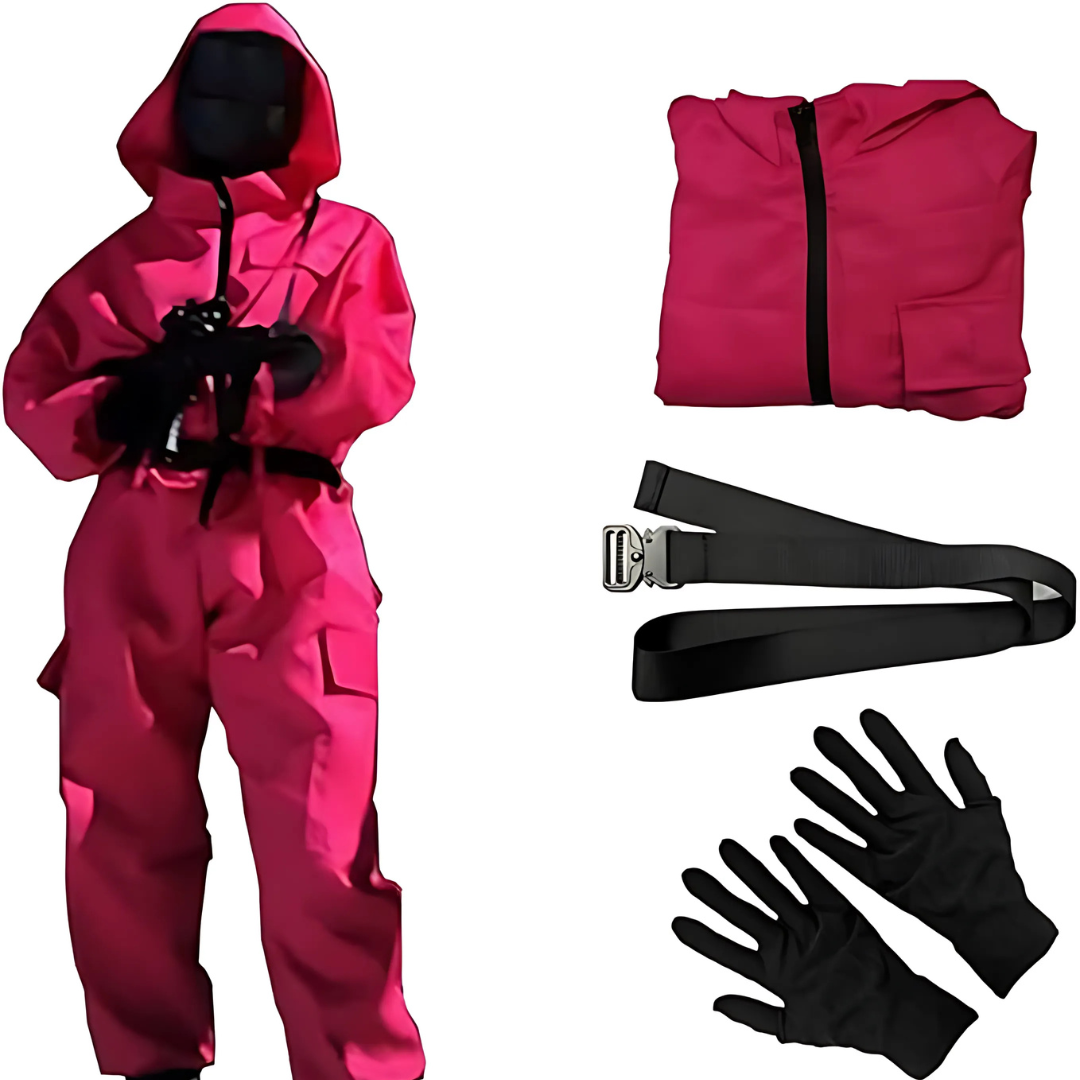Halloween Costume and Mask Pink Hooded Jumpsuit with Belt and Cargo Pockets