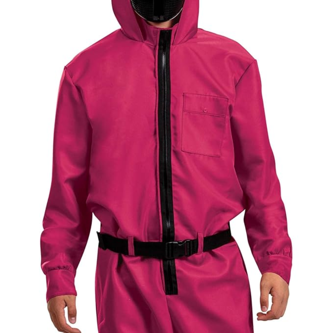 Halloween Costume and Mask Pink Hooded Jumpsuit with Belt and Cargo Pockets