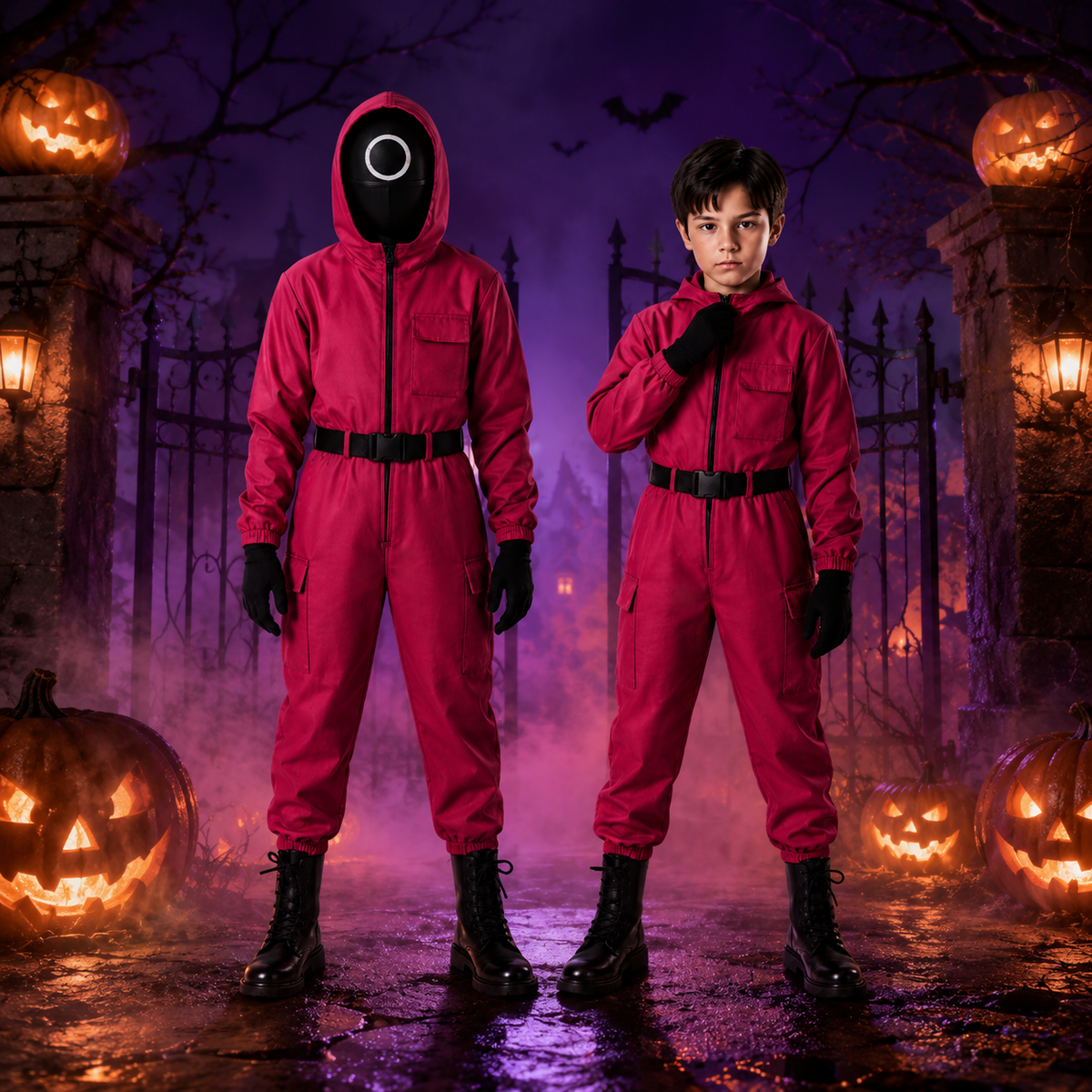 Halloween Costume and Mesh Mask for Kids Hooded Jumpsuit with Gloves Belt Trick or Treat