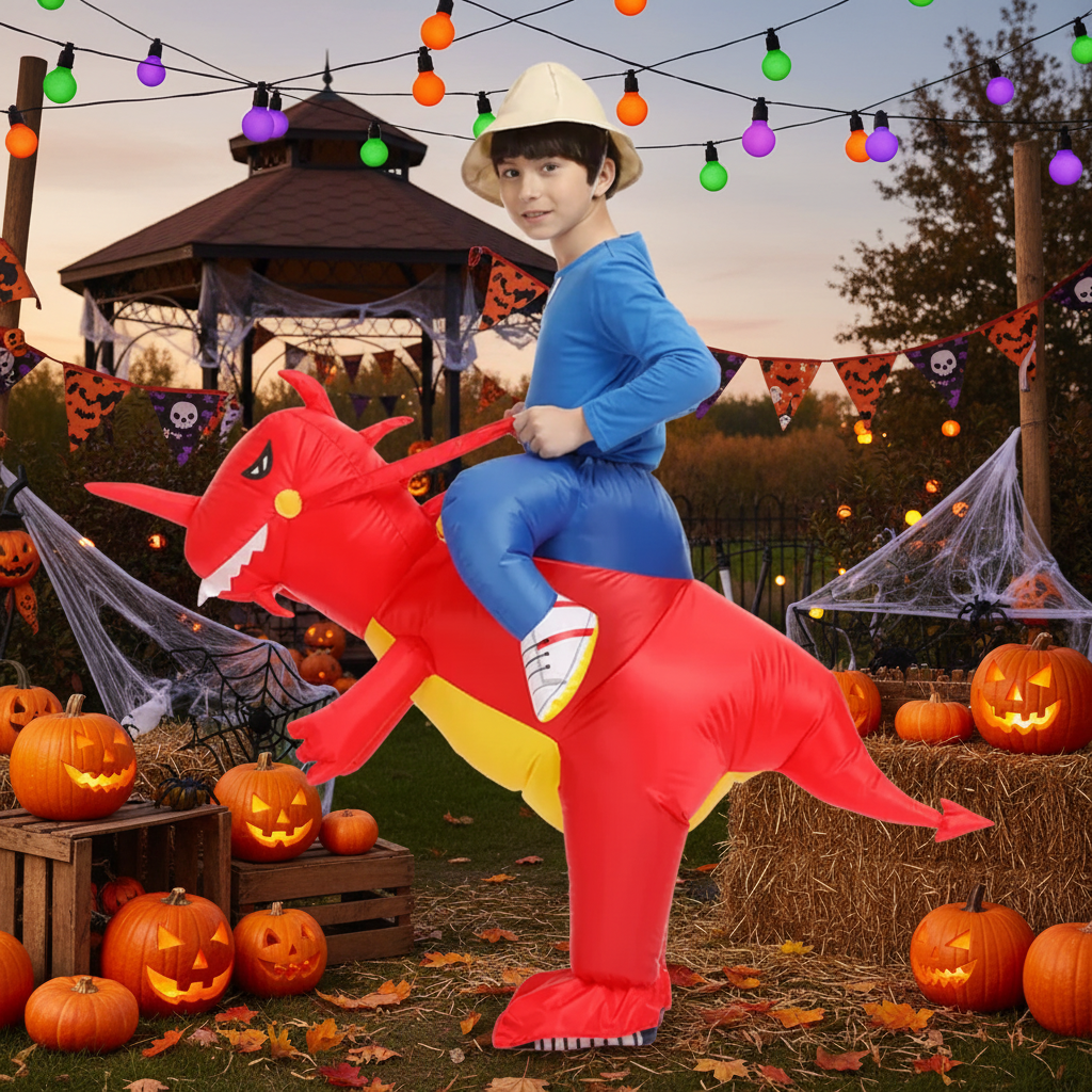 Kids Halloween Inflatable Dinosaur Costume Ride On Step In Suit with Battery Fan for Parties