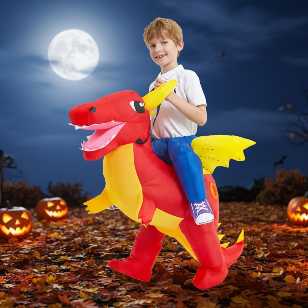 Kids Halloween Inflatable Dinosaur Costume Ride On Step In Suit with Battery Fan for Parties