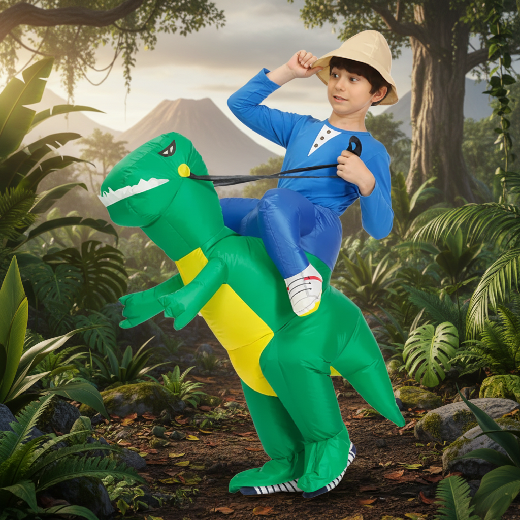 Kids Halloween Inflatable Dinosaur Costume Ride On Step In Suit with Battery Fan for Parties