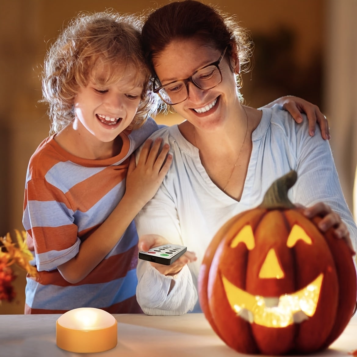 Flameless Halloween Candles with Pumpkin Faces and Remote Controlled LED Tea Lights