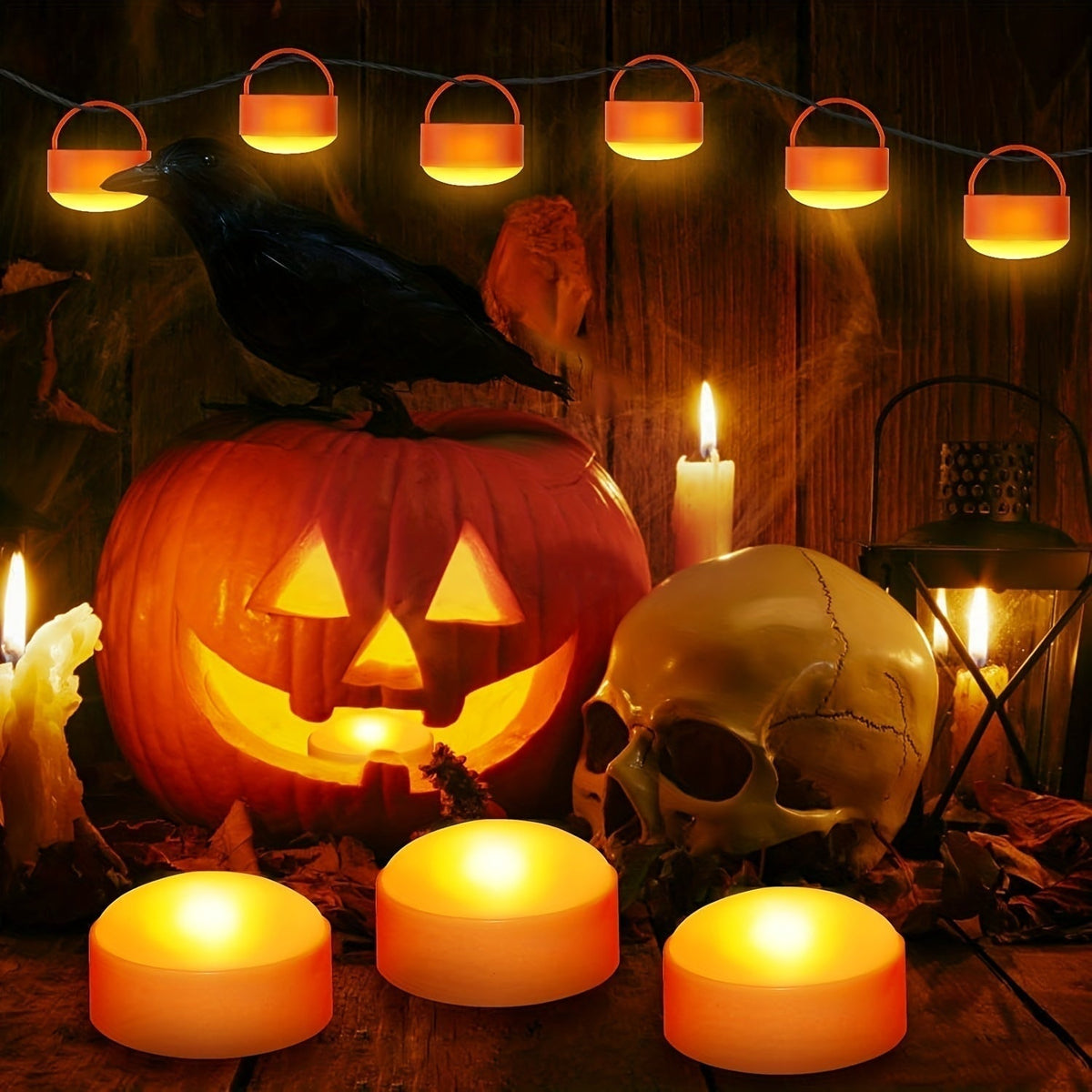 Flameless Halloween Candles with Pumpkin Faces and Remote Controlled LED Tea Lights