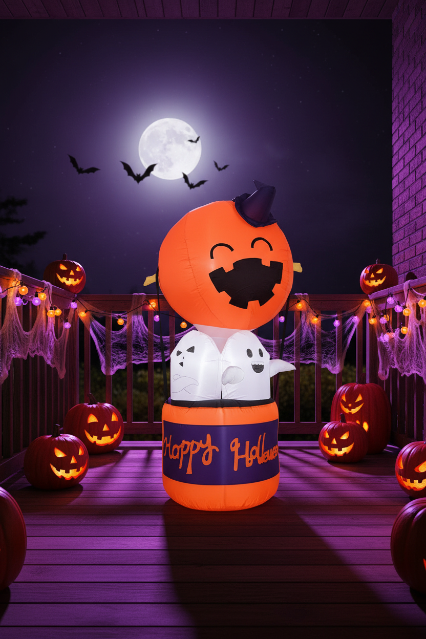Light Up Pumpkin Hot Air Balloon Inflatable Outdoor Decoration with Glowing Ghosts