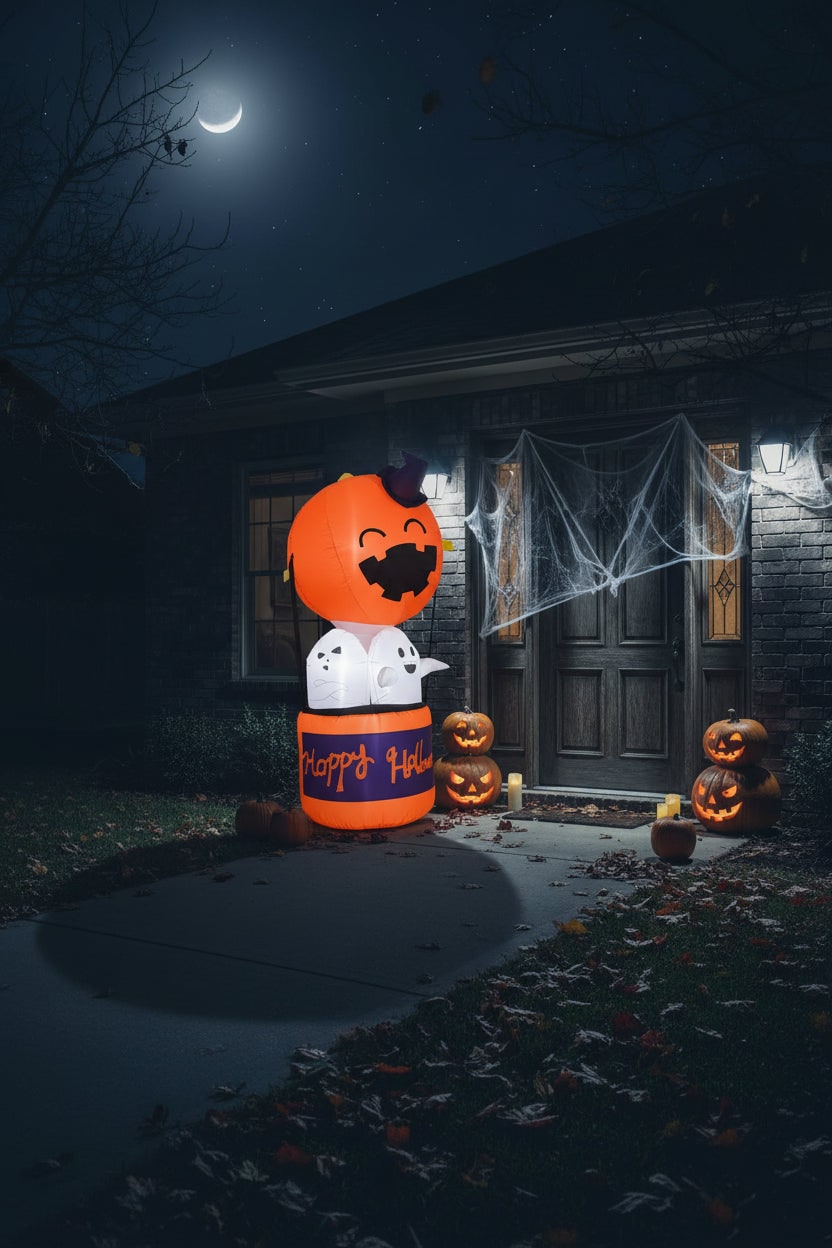 Light Up Pumpkin Hot Air Balloon Inflatable Outdoor Decoration with Glowing Ghosts