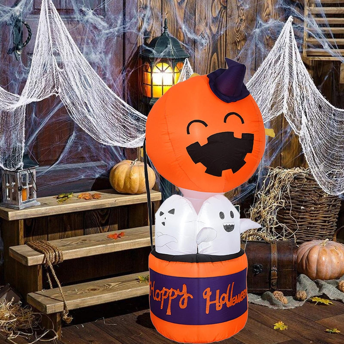 Light Up Pumpkin Hot Air Balloon Inflatable Outdoor Decoration with Glowing Ghosts