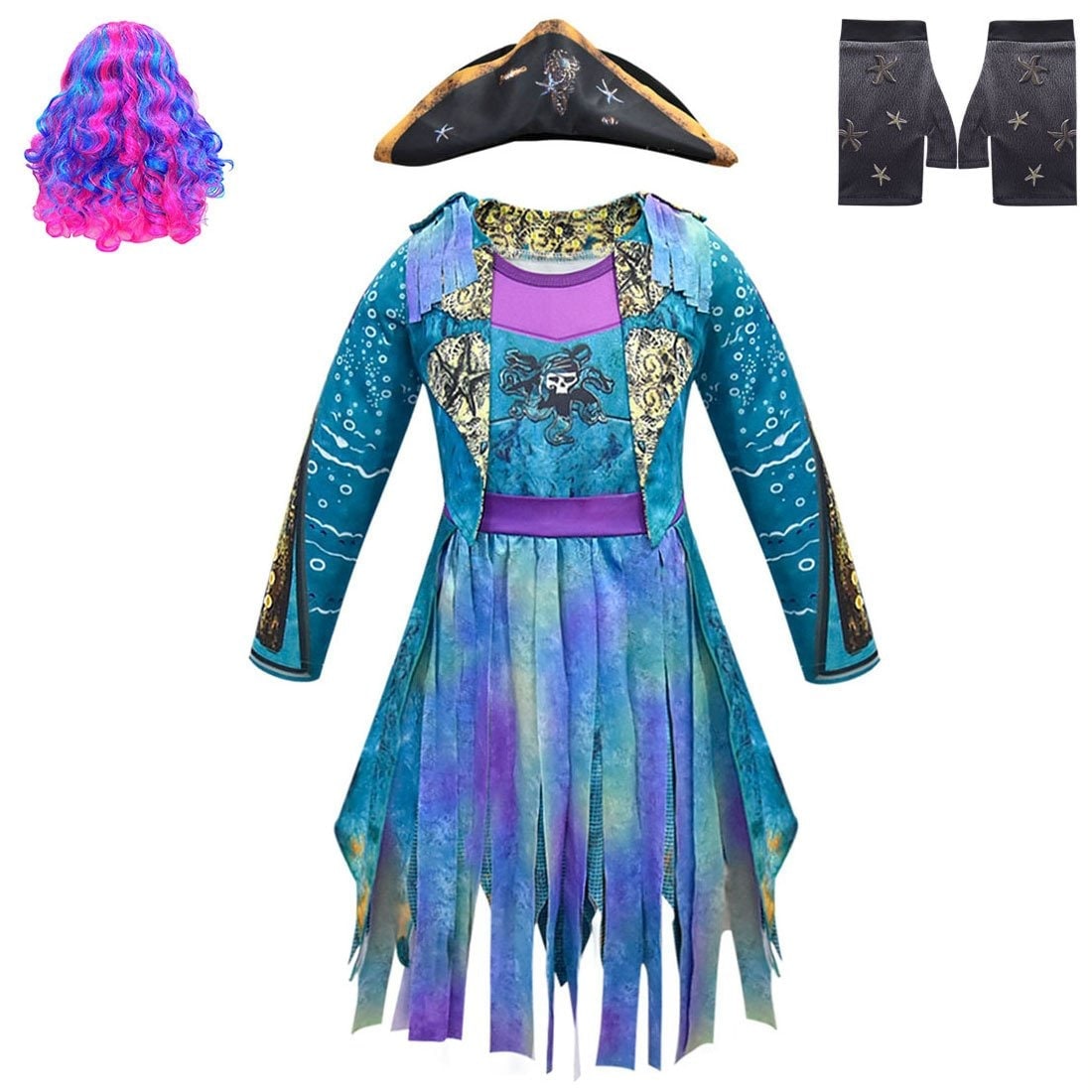 Kids Pirate Costume Dress with Skull Graphic Tattered Hem and Faux Vest Overlay