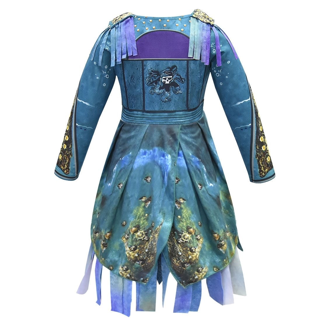 Kids Pirate Costume Dress with Skull Graphic Tattered Hem and Faux Gilet Overlay