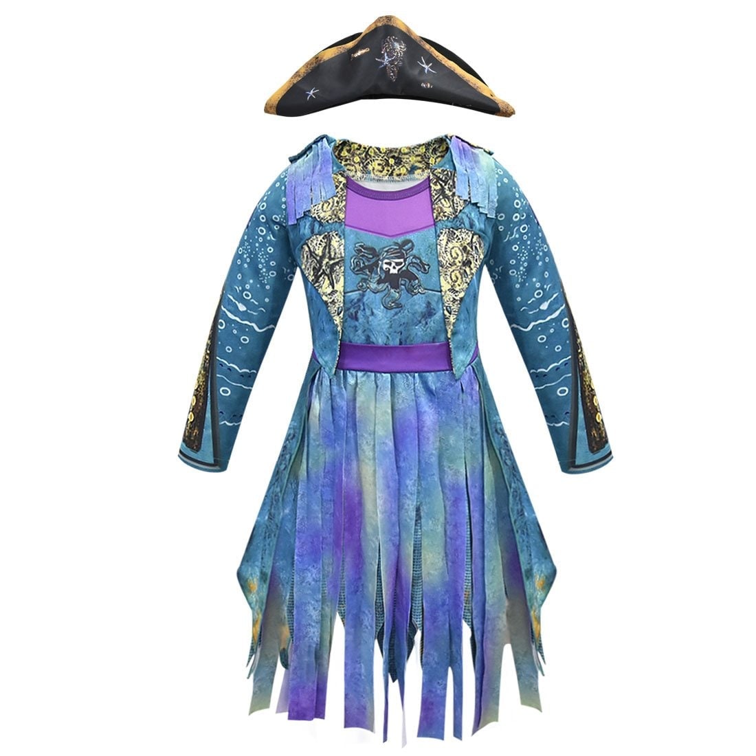 Kids Pirate Costume Dress with Skull Graphic Tattered Hem and Faux Vest Overlay