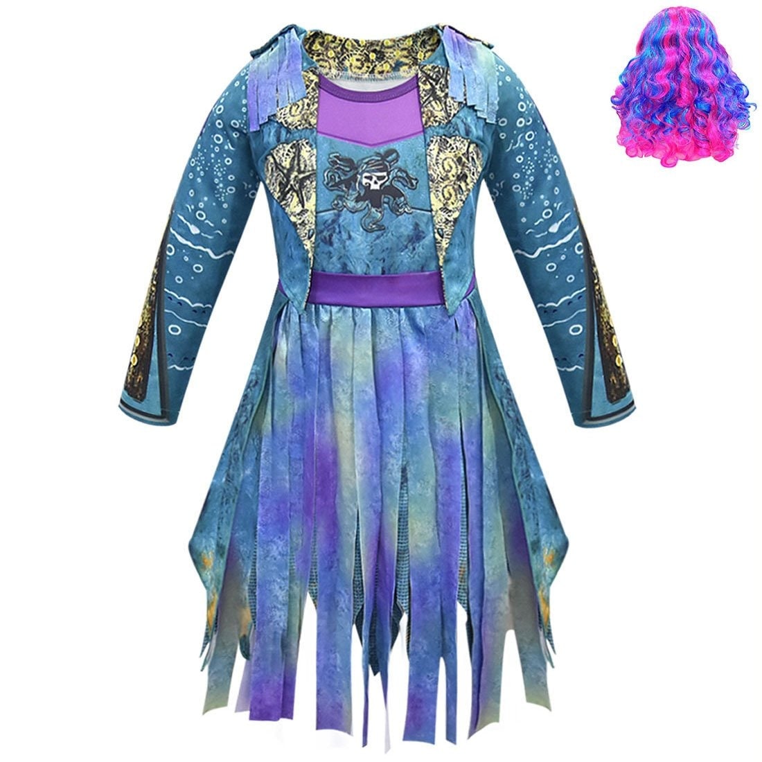 Kids Pirate Costume Dress with Skull Graphic Tattered Hem and Faux Vest Overlay