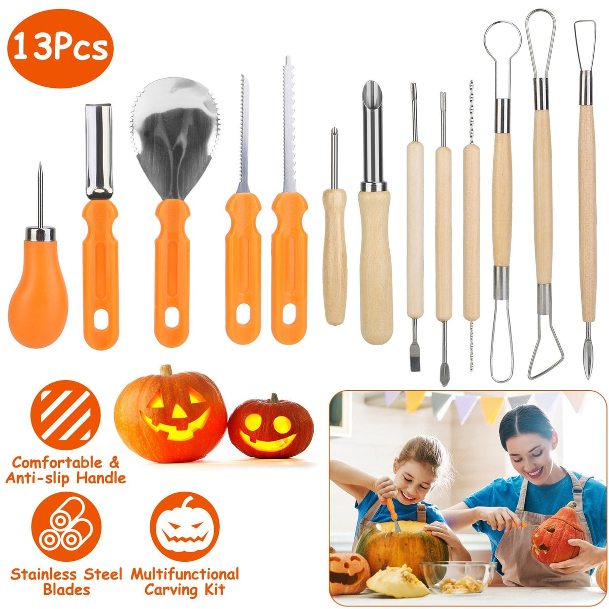 Halloween Pumpkin Carving Kit with 13 Stainless Steel Saws and Sculpting Tools