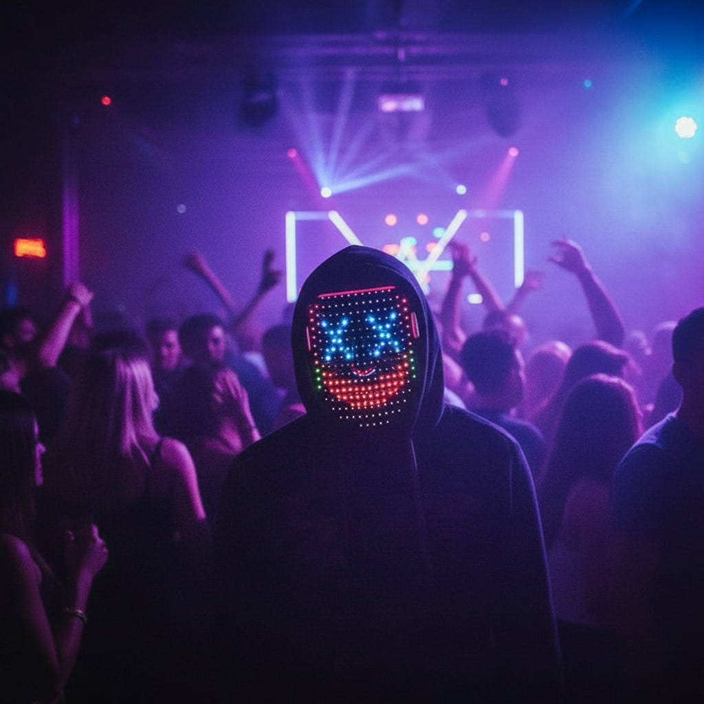 Halloween Costume and Mask with Gesture Sensing LED Grid Rechargeable Light Up Party Wear for Kids