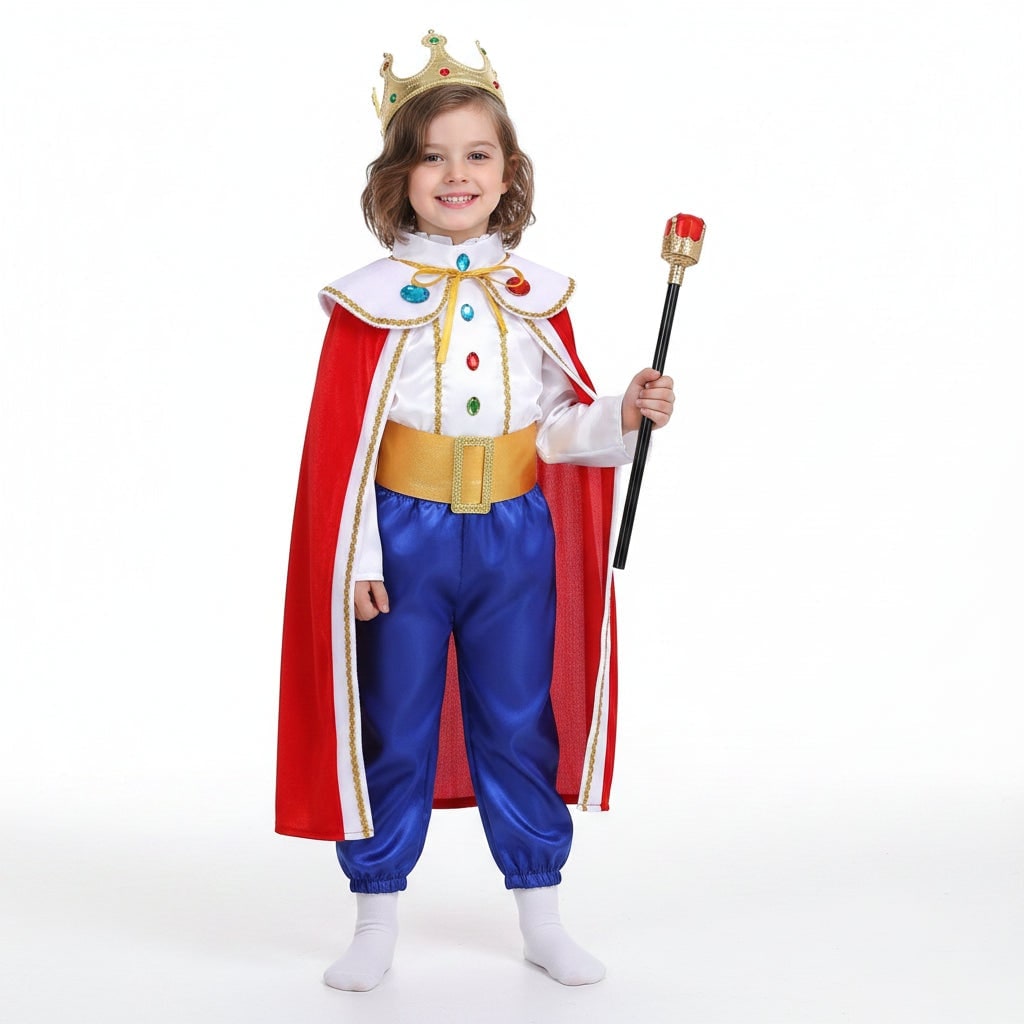 Kids Royal Prince Halloween Costume Set with Gold Crown Sceptre and Cape