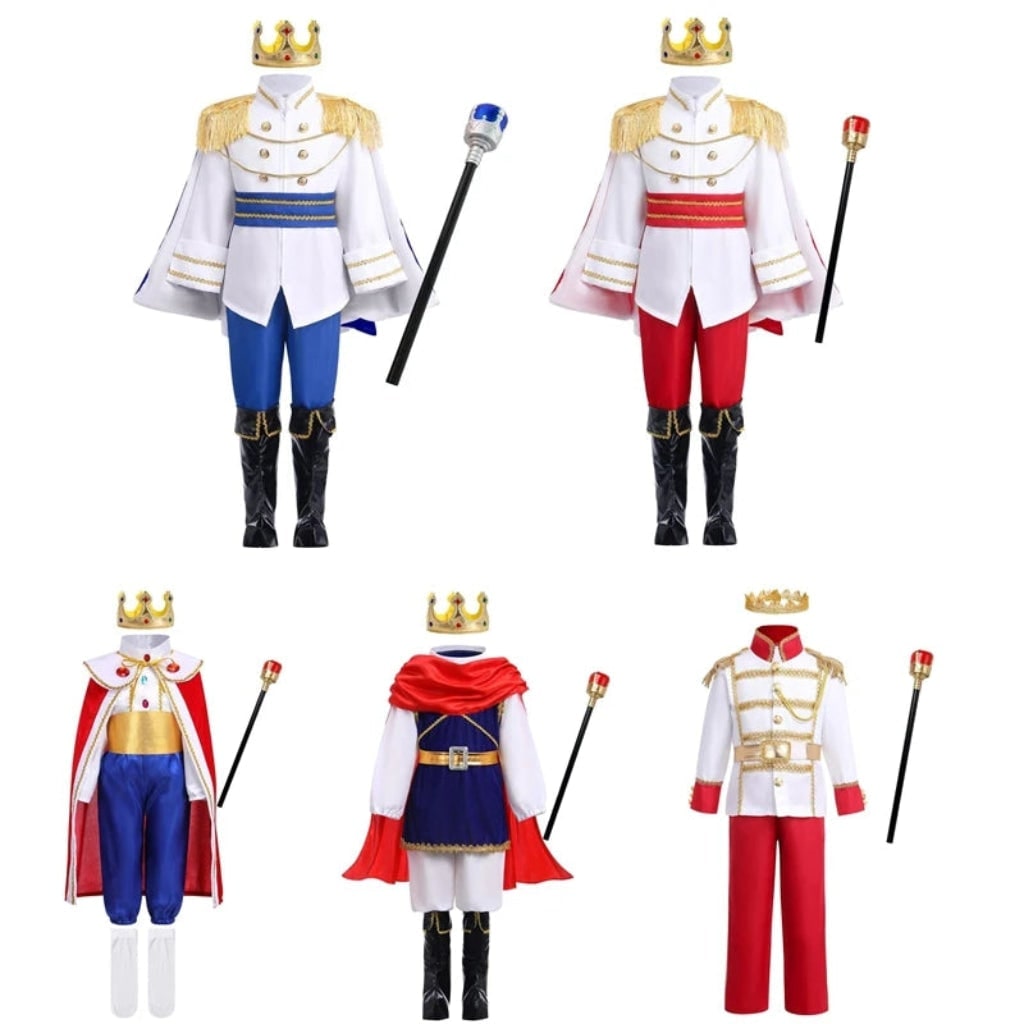 Kids Royal Prince Halloween Costume Set with Gold Crown Sceptre and Cape