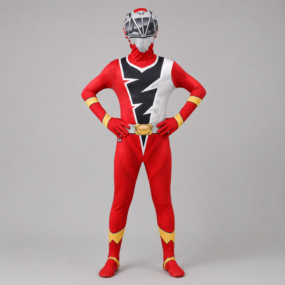 Kids Halloween Costumes Superhero Dress Up Jumpsuit with Lightning Bolt Chest and Hood Mask