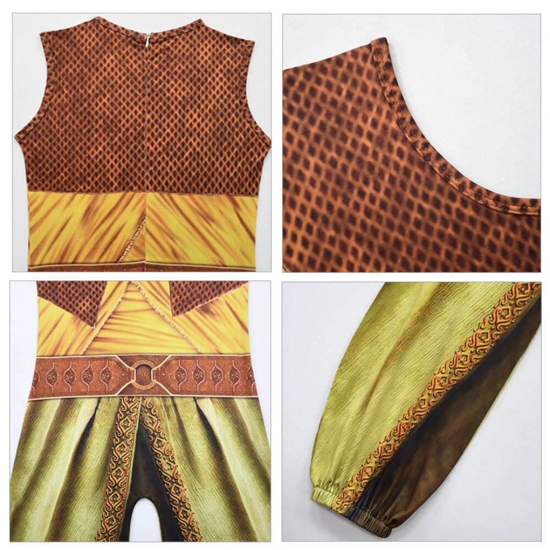 Viking Warrior Costume Jumpsuit with Draped Cape and Fabric Wristbands